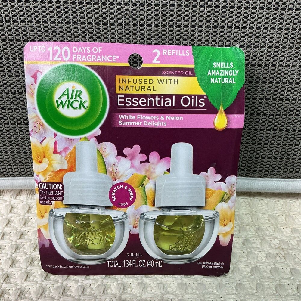 2 Air Wick Essential Oils Plug-In Oil Refills White Flowers & Melon Summer